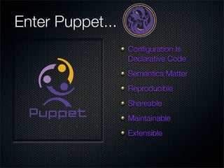 Enter Puppet...
                  Conﬁguration Is
                  Declarative Code
                  Semantics Matter
                  Reproducible
                  Shareable
                  Maintainable
                  Extensible
 