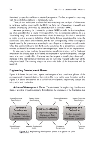 78 THE SYSTEM DEVELOPMENT PROCESS
functional perspective and from a physical perspective. Further perspectives may very
well be needed if complexity is particularly high.
The tools and techniques available fall into two categories: analysis of alternatives
(a particular method pioneered by the DoD, but fully part of operations research), and
systems architecting (pioneered by Ebbert Rechtin in the early 1990s).
As noted previously, in commercial projects (NSPE model), the first two phases
are often considered as a single preproject effort. This is sometimes referred to as a
“feasibility study” and its results constitute a basis for making a decision as to whether
or not to invest in a concept definition effort. In the defense acquisition life cycle, the
second and third phases are combined, but the part corresponding to the second phase
is performed by the government, resulting in a set of system performance requirements,
while that corresponding to the third can be conducted by a government–contractor
team or performed by several contractors competing to meet the above requirements.
In any case, before reaching the engineering development stage, only a fractional
investment has usually been made in the development of a particular system, although
some years and considerable effort may have been spent in developing a firm under-
standing of the operational environment and in exploring relevant technology at the
subsystem level. The ensuing stages are where the bulk of the investment will be
required.
Engineering Development Phases
Figure 4.5 shows the activities, inputs, and outputs of the constituent phases of the
engineering development stage of the system life cycle in the same format as used in
Figure 4.3. These are referred to as advanced development, engineering design, and
integration and evaluation.
Advanced Development Phase. The success of the engineering development
stage of a system project is critically dependent on the soundness of the foundation laid
Figure 4.5. Engineering development phases in a system life cycle.
System Design
Specifications
Test and Evaluation
Plan
System Production
Specifications
System Functional
Specifications
Advanced
Engineering Design
Integration and
Development
Risk Management
Subsystem Definition
Component Engineering
Component Test
Evaluation
System Integration
System Test
Component Specs
Specialty Engineering
Operational Evaluation
Validated Development
Model
Engineered
Components
Production
System
Defined System
Concept(s)
c04.indd 78
c04.indd 78 2/8/2011 11:04:40 AM
2/8/2011 11:04:40 AM
 