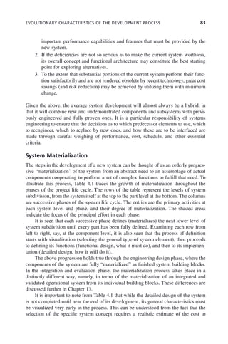 EVOLUTIONARY CHARACTERISTICS OF THE DEVELOPMENT PROCESS 83
important performance capabilities and features that must be provided by the
new system.
2. If the deficiencies are not so serious as to make the current system worthless,
its overall concept and functional architecture may constitute the best starting
point for exploring alternatives.
3. To the extent that substantial portions of the current system perform their func-
tion satisfactorily and are not rendered obsolete by recent technology, great cost
savings (and risk reduction) may be achieved by utilizing them with minimum
change.
Given the above, the average system development will almost always be a hybrid, in
that it will combine new and undemonstrated components and subsystems with previ-
ously engineered and fully proven ones. It is a particular responsibility of systems
engineering to ensure that the decisions as to which predecessor elements to use, which
to reengineer, which to replace by new ones, and how these are to be interfaced are
made through careful weighing of performance, cost, schedule, and other essential
criteria.
System Materialization
The steps in the development of a new system can be thought of as an orderly progres-
sive “materialization” of the system from an abstract need to an assemblage of actual
components cooperating to perform a set of complex functions to fulfill that need. To
illustrate this process, Table 4.1 traces the growth of materialization throughout the
phases of the project life cycle. The rows of the table represent the levels of system
subdivision, from the system itself at the top to the part level at the bottom. The columns
are successive phases of the system life cycle. The entries are the primary activities at
each system level and phase, and their degree of materialization. The shaded areas
indicate the focus of the principal effort in each phase.
It is seen that each successive phase defines (materializes) the next lower level of
system subdivision until every part has been fully defined. Examining each row from
left to right, say, at the component level, it is also seen that the process of definition
starts with visualization (selecting the general type of system element), then proceeds
to defining its functions (functional design, what it must do), and then to its implemen-
tation (detailed design, how it will do it).
The above progression holds true through the engineering design phase, where the
components of the system are fully “materialized” as finished system building blocks.
In the integration and evaluation phase, the materialization process takes place in a
distinctly different way, namely, in terms of the materialization of an integrated and
validated operational system from its individual building blocks. These differences are
discussed further in Chapter 13.
It is important to note from Table 4.1 that while the detailed design of the system
is not completed until near the end of its development, its general characteristics must
be visualized very early in the process. This can be understood from the fact that the
selection of the specific system concept requires a realistic estimate of the cost to
c04.indd 83
c04.indd 83 2/8/2011 11:04:41 AM
2/8/2011 11:04:41 AM
 