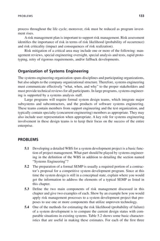 PROBLEMS 133
process throughout the life cycle; moreover, risk must be reduced as program invest-
ment rises.
A risk management plan is important to support risk management. Risk assessment
identifies the importance of risk in terms of risk likelihood (probability of occurrence)
and risk criticality (impact and consequences of risk realization).
Risk mitigation of a critical area may include one or more of the following: man-
agement reviews, special engineering oversight, special analysis and tests, rapid proto-
typing, retry of rigorous requirements, and/or fallback developments.
Organization of Systems Engineering
The systems engineering organization spans disciplines and participating organizations,
but also adapts to the company organizational structure. Therefore, systems engineering
must communicate effectively “what, when, and why” to the proper stakeholders and
must provide technical reviews for all participants. In large programs, systems engineer-
ing is supported by a systems analysis staff.
Large programs will require formal system design teams, which integrate major
subsystems and subcontractors, and the products of software systems engineering.
These teams contain members from support engineering and the test organization, and
typically contain specialty (concurrent engineering) members as appropriate. They may
also include user representation when appropriate. A key role for systems engineering
involvement in these design teams is to keep their focus on the success of the entire
enterprise.
PROBLEMS
5.1 Developing a detailed WBS for a system development project is a basic func-
tion of project management. What part should be played by systems engineer-
ing in the definition of the WBS in addition to detailing the section named
“Systems Engineering”?
5.2 The preparation of a formal SEMP is usually a required portion of a contrac-
tor’s proposal for a competitive system development program. Since at this
time the system design is still in a conceptual state, explain where you would
get the information to address the elements of a typical SEMP as listed in
this chapter.
5.3 Define the two main components of risk management discussed in this
chapter and give two examples of each. Show by an example how you would
apply risk management processes to a system development project that pro-
poses to use one or more components that utilize unproven technology.
5.4 One of the methods for estimating the risk likelihood (probability of failure)
of a system development is to compare the current design status with com-
parable situations in existing systems. Table 5.2 shows some basic character-
istics that are useful in making these estimates. For each of the first three
c05.indd 133
c05.indd 133 2/8/2011 11:04:48 AM
2/8/2011 11:04:48 AM
 