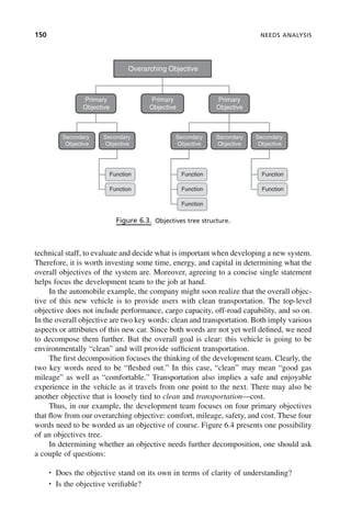 150 NEEDS ANALYSIS
technical staff, to evaluate and decide what is important when developing a new system.
Therefore, it is worth investing some time, energy, and capital in determining what the
overall objectives of the system are. Moreover, agreeing to a concise single statement
helps focus the development team to the job at hand.
In the automobile example, the company might soon realize that the overall objec-
tive of this new vehicle is to provide users with clean transportation. The top-level
objective does not include performance, cargo capacity, off-road capability, and so on.
In the overall objective are two key words: clean and transportation. Both imply various
aspects or attributes of this new car. Since both words are not yet well defined, we need
to decompose them further. But the overall goal is clear: this vehicle is going to be
environmentally “clean” and will provide sufficient transportation.
The first decomposition focuses the thinking of the development team. Clearly, the
two key words need to be “fleshed out.” In this case, “clean” may mean “good gas
mileage” as well as “comfortable.” Transportation also implies a safe and enjoyable
experience in the vehicle as it travels from one point to the next. There may also be
another objective that is loosely tied to clean and transportation—cost.
Thus, in our example, the development team focuses on four primary objectives
that flow from our overarching objective: comfort, mileage, safety, and cost. These four
words need to be worded as an objective of course. Figure 6.4 presents one possibility
of an objectives tree.
In determining whether an objective needs further decomposition, one should ask
a couple of questions:
• Does the objective stand on its own in terms of clarity of understanding?
• Is the objective verifiable?
Figure 6.3. Objectives tree structure.
Overarching Objective
Primary
Objective
Primary
Objective
Primary
Objective
Secondary
Secondary Secondary Secondary Secondary
Objective Objective Objective Objective Objective
Function
Function Function
Function
Function
Function
Function
c06.indd 150
c06.indd 150 2/8/2011 3:49:19 PM
2/8/2011 3:49:19 PM
 