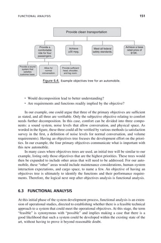 FUNCTIONAL ANALYSIS 151
• Would decomposition lead to better understanding?
• Are requirements and functions readily implied by the objective?
In our example, one could argue that three of the primary objectives are sufficient
as stated, and all three are verifiable. Only the subjective objective relating to comfort
needs further decomposition. In this case, comfort can be divided into three compo-
nents: a sound system, noise levels that allow conversation, and physical space. As
worded in the figure, these three could all be verified by various methods (a satisfaction
survey in the first, a definition of noise levels for normal conversation, and volume
requirements). Having an objectives tree focuses the development effort on the priori-
ties. In our example, the four primary objectives communicate what is important with
this new automobile.
In many cases where objectives trees are used, an initial tree will be similar to our
example, listing only those objectives that are the highest priorities. These trees would
then be expanded to include other areas that will need to be addressed. For our auto-
mobile, these “other” areas would include maintenance considerations, human–system
interaction expectations, and cargo space, to name a few. An objective of having an
objectives tree is ultimately to identify the functions and their performance require-
ments. Therefore, the logical next step after objectives analysis is functional analysis.
6.3 FUNCTIONAL ANALYSIS
At this initial phase of the system development process, functional analysis is an exten-
sion of operational studies, directed to establishing whether there is a feasible technical
approach to a system that could meet the operational objectives. At this stage, the term
“feasible” is synonymous with “possible” and implies making a case that there is a
good likelihood that such a system could be developed within the existing state of the
art, without having to prove it beyond reasonable doubt.
Figure 6.4. Example objectives tree for an automobile.
Provide clean transportation
Provide a
comfortable
ride for four
passengers.
Achieve
≥35 mpg.
Meet all federal
safety standards.
Achieve a base
retail price of
$15K.
Provide a sound
system that
satisfies
customer base.
Allow for
normal
conversation.
Provide sufficient
head, shoulder,
and leg room.
c06.indd 151
c06.indd 151 2/8/2011 3:49:19 PM
2/8/2011 3:49:19 PM
 