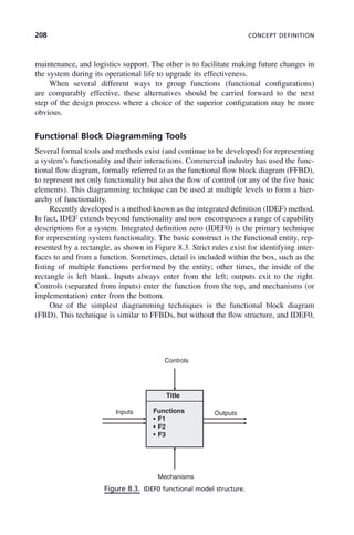 208 CONCEPT DEFINITION
maintenance, and logistics support. The other is to facilitate making future changes in
the system during its operational life to upgrade its effectiveness.
When several different ways to group functions (functional configurations)
are comparably effective, these alternatives should be carried forward to the next
step of the design process where a choice of the superior configuration may be more
obvious.
Functional Block Diagramming Tools
Several formal tools and methods exist (and continue to be developed) for representing
a system’s functionality and their interactions. Commercial industry has used the func-
tional flow diagram, formally referred to as the functional flow block diagram (FFBD),
to represent not only functionality but also the flow of control (or any of the five basic
elements). This diagramming technique can be used at multiple levels to form a hier-
archy of functionality.
Recently developed is a method known as the integrated definition (IDEF) method.
In fact, IDEF extends beyond functionality and now encompasses a range of capability
descriptions for a system. Integrated definition zero (IDEF0) is the primary technique
for representing system functionality. The basic construct is the functional entity, rep-
resented by a rectangle, as shown in Figure 8.3. Strict rules exist for identifying inter-
faces to and from a function. Sometimes, detail is included within the box, such as the
listing of multiple functions performed by the entity; other times, the inside of the
rectangle is left blank. Inputs always enter from the left; outputs exit to the right.
Controls (separated from inputs) enter the function from the top, and mechanisms (or
implementation) enter from the bottom.
One of the simplest diagramming techniques is the functional block diagram
(FBD). This technique is similar to FFBDs, but without the flow structure, and IDEF0,
Figure 8.3. IDEF0 functional model structure.
Controls
Title
Functions
• F1
• F2
• F3
Inputs Outputs
• F3
Mechanisms
c08.indd 208
c08.indd 208 2/8/2011 11:04:58 AM
2/8/2011 11:04:58 AM
 