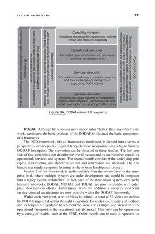 SYSTEMS ARCHITECTING 227
DODAF. Although by no means more important or “better” than any other frame-
work, we discuss the basic products of the DODAF to illustrate the basic components
of a framework.
The DOD framework, like all frameworks mentioned, is divided into a series of
perspectives, or viewpoints. Figure 8.6 depicts these viewpoints using a figure from the
DODAF description. The viewpoints can be observed in three bundles. The first con-
sists of four viewpoints that describe the overall system and its environment: capability,
operational, services, and systems. The second bundle consists of the underlying prin-
ciples, infrastructure, and standards: all data and information and standards. The final
bundle is a single viewpoint focusing on the system development project.
Version 2 of this framework is easily scalable from the system level to the enter-
prise level, where multiple systems are under development and would be integrated
into a legacy system architecture. In fact, each of the three major system-level archi-
tecture frameworks, DODAF, MODAF, and TOGAF, are now compatible with enter-
prise development efforts. Furthermore, with the addition a services viewpoint,
service-oriented architectures are now possible within the DODAF framework.
Within each viewpoint, a set of views is defined. A total of 52 views are defined
by DODAF, organized within the eight viewpoints. For each view, a variety of methods
and techniques are available to represent the view. For example, one view within the
operational viewpoint is the operational activity model. This view can be represented
by a variety of models, such as the FFBD. Other models can be used to represent the
Figure 8.6. DODAF version 2.0 viewpoints.
Articulates the capability requirement, delivery
timing, and depolyed capability
Articulates
applicable
operational,
business,
technical,
and
industry
policy,
standards,
guidance,
constraints,
and
forecasts
Describes
the
relationships
between
operational
and
capability
requirements
and
the
various
projects
being
implemented,
details
dependencies
between
capability
management
and
the
defense
acquisition
system
process
Articulates
the
data
relationships
and
alignment
structures
in
the
architecture
content
Overarching
aspects
of
architecture
context
that
relate
to
all
views
Articulates operational scenarios, processes,
activities, and requirements
Articulates the performers, activities, services,
and their exchanges providing for, or
supporting, DoD functions
Articulates the legacy systems or independent
systems, their compsition, interconnectivity, and
context providing for, or supporting, DoD functions
Capability viewpoint
Operational viewpoint
Services viewpoint
Standards
viewpoint
Project
viewpoint
All
viewpoints
Data
and
information
viewpoint
Systems viewpoint
c08.indd 227
c08.indd 227 2/8/2011 11:04:59 AM
2/8/2011 11:04:59 AM
 