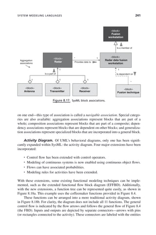 SYSTEM MODELING LANGUAGES 241
on one end—this type of association is called a navigable association. Special catego-
ries are also available: aggregation associations represent blocks that are part of a
whole; composition associations represent blocks that are part of a composite; depen-
dency associations represent blocks that are dependent on other blocks; and generaliza-
tion associations represent specialized blocks that are incorporated into a general block.
Activity Diagram. Of UML’s behavioral diagrams, only one has been signifi-
cantly expanded within SysML: the activity diagram. Four major extensions have been
incorporated:
• Control flow has been extended with control operators.
• Modeling of continuous systems is now enabled using continuous object flows.
• Flows can have associated probabilities.
• Modeling rules for activities have been extended.
With these extensions, some existing functional modeling techniques can be imple-
mented, such as the extended functional flow block diagram (EFFBD). Additionally,
with the new extensions, a function tree can be represented quite easily, as shown in
Figure 8.18a. This example uses the coffeemaker functions provided in Figure 8.4.
These functions can be arranged into a more traditional activity diagram, shown
in Figure 8.18b. For clarity, the diagram does not include all 11 functions. The general
control flow is indicated by the flow arrows and follows the general flow of Figure 8.4
(the FBD). Inputs and outputs are depicted by separate connectors—arrows with pins
(or rectangles connected to the activity). These connectors are labeled with the entities
Figure 8.17. SysML block associations.
«block»
Fusion
workstation
«block»
«block»
Radar data fusion
* 1
Aggregation
Is a member of
Radar
workstation
1
associations
Is a part of
Provides data to
Is dependent on
1
«block» «block» «block» «block»
1
1
1
*
Antenna Transmitter Receiver Fusion technique
c08.indd 241
c08.indd 241 2/8/2011 11:05:01 AM
2/8/2011 11:05:01 AM
 