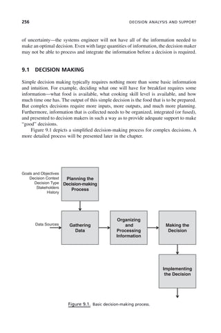 256 DECISION ANALYSIS AND SUPPORT
of uncertainty—the systems engineer will not have all of the information needed to
make an optimal decision. Even with large quantities of information, the decision maker
may not be able to process and integrate the information before a decision is required.
9.1 DECISION MAKING
Simple decision making typically requires nothing more than some basic information
and intuition. For example, deciding what one will have for breakfast requires some
information—what food is available, what cooking skill level is available, and how
much time one has. The output of this simple decision is the food that is to be prepared.
But complex decisions require more inputs, more outputs, and much more planning.
Furthermore, information that is collected needs to be organized, integrated (or fused),
and presented to decision makers in such a way as to provide adequate support to make
“good” decisions.
Figure 9.1 depicts a simplified decision-making process for complex decisions. A
more detailed process will be presented later in the chapter.
Figure 9.1. Basic decision-making process.
Goals and Objectives
Decision Context
Decision Type
Stakeholders
History
Planning the
Decision-making
Process
Gathering
Data
Organizing
and
Processing
Information
Making the
Decision
Data Sources
Implementing
the Decision
c09.indd 256
c09.indd 256 2/8/2011 11:05:14 AM
2/8/2011 11:05:14 AM
 