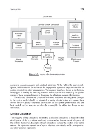 SIMULATION 275
contains a scenario generator and an attack generator. At the right is the analysis sub-
system, which assesses the results of the engagement against an expected outcome or
against results from other engagements. The operator interface, shown at the bottom,
is equipped to modify the attacking numbers and tactics and also to modify the perfor-
mance of these system elements to determine the effects on system effectiveness.
The size and direction of system effectiveness variations resulting from changes
in the system model should be subjected to sanity checks before acceptance. Such
checks involve greatly simplified calculations of the system performance and are
best carried out by analysts not directly responsible for either the design or the
simulation.
Mission Simulation
The objective of the simulations referred to as mission simulations is focused on the
development of the operational modes of systems rather than on the development of
the systems themselves. Examples of such simulations include the conduct of air traffic
control, the optimum trajectories of space missions, automobile traffic management,
and other complex operations.
Figure 9.5. System effectiveness simulation.
Attack Data
Analyze
Attacks
Defense System Simulation
Generate
Attack
Control
System
Analyze
Engagement
Generate
Attack
Detect
Attacks
Engage
Attacks
Compute
Scenario Effectiveness
Control
Simulations
Effectiveness
Analysis
Analysis
Results
Controll
Scenario
Attack
Simulation
Analyst
c09.indd 275
c09.indd 275 2/8/2011 11:05:15 AM
2/8/2011 11:05:15 AM
 