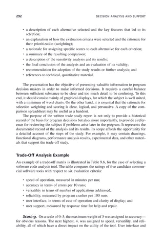292 DECISION ANALYSIS AND SUPPORT
• a description of each alternative selected and the key features that led to its
selection;
• an explanation of how the evaluation criteria were selected and the rationale for
their prioritization (weighting);
• a rationale for assigning specific scores to each alternative for each criterion;
• a summary of the resulting comparison;
• a description of the sensitivity analysis and its results;
• the final conclusion of the analysis and an evaluation of its validity;
• recommendation for adoption of the study results or further analysis; and
• references to technical, quantitative material.
The presentation has the objective of presenting valuable information to program
decision makers in order to make informed decisions. It requires a careful balance
between sufficient substance to be clear and too much detail to be confusing. To this
end, it should consist mainly of graphical displays, for which the subject is well suited,
with a minimum of word charts. On the other hand, it is essential that the rationale for
selection weighting and scoring is clear, logical, and persuasive. A copy of the com-
parison spreadsheet may be useful as a handout.
The purpose of the written trade study report is not only to provide a historical
record of the basis for program decisions but also, more importantly, to provide a refer-
ence for reviewing the subject if problems arise later in the program. It represents the
documented record of the analysis and its results. Its scope affords the opportunity for
a detailed account of the steps of the study. For example, it may contain drawings,
functional diagrams, performance analysis results, experimental data, and other materi-
als that support the trade-off study.
Trade-Off Analysis Example
An example of a trade-off matrix is illustrated in Table 9.6, for the case of selecting a
software code analysis tool. The table compares the ratings of five candidate commer-
cial software tools with respect to six evaluation criteria:
• speed of operation, measured in minutes per run;
• accuracy in terms of errors per 10 runs;
• versatility in terms of number of applications addressed;
• reliability, measured by program crashes per 100 runs;
• user interface, in terms of ease of operation and clarity of display; and
• user support, measured by response time for help and repair.
Scoring. On a scale of 0–5, the maximum weight of 5 was assigned to accuracy—
for obvious reasons. The next highest, 4, was assigned to speed, versatility, and reli-
ability, all of which have a direct impact on the utility of the tool. User interface and
c09.indd 292
c09.indd 292 2/8/2011 11:05:17 AM
2/8/2011 11:05:17 AM
 