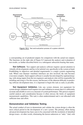 DEVELOPMENT TESTING 345
a corresponding set of predicted outputs for comparison with the actual test outputs.
The functions on the right side of Figure 8.3 represent the analysis and evaluation of
test results, as further described below in a subsequent subsection bearing that name.
Test Software. Test support and analysis software requires special attention in
virtually all developments and has to be tailored very specifically to the system at hand.
Establishing its objectives and detailed requirements is a major systems engineering
task. Where user (human—machine) interfaces are also involved, the task becomes
even more complex. Such support software is usually best developed by rapid prototyp-
ing, with strong inputs from the test engineers and analysts who will be responsible for
installing and using it. For this reason, and because of the inherent difficulty in predict-
ing software development time, it is important to begin this task as early as possible.
Test Equipment Validation. Like any system element, test equipment for
system design validation itself requires test and validation to ensure that it is sufficiently
accurate and reliable to serve as a measure of system performance. This process requires
careful analysis and consideration because it often stresses the limits of equipment
measurement capabilities. This task is often underestimated and is not allocated with
sufficient time and effort.
Demonstration and Validation Testing
The actual conduct of tests to demonstrate and validate the system design is often the
most critical period in the development of a new system. The primary effort during
advanced development has been seen to be concerned with the resolution of identified
design issues—in other words, eliminating the known unknowns or “unks.” And, with
Figure 10.3. Test and evaluation process of a system element.
Requirements
Analysis
Prototype
Development
Generate Stimulate Record
the Test
Response
Excessive Requirements
Design
Deficiencies
Stimuli
System
Response
Test
Stimuli
the System
Element
Identify
the
Source of
Deviations
Evaluation
Criteria
Design
and Build
the Test
envionment
Previous
Model
Stimulate
the Element
Model
Compare
Test
Responses
El
Element
Model
Predicted
Response
Test Deficiencies
c10.indd 345
c10.indd 345 2/8/2011 11:05:22 AM
2/8/2011 11:05:22 AM
 