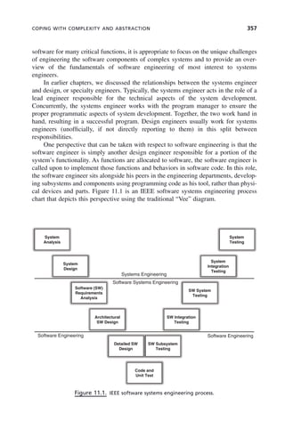 COPING WITH COMPLEXITY AND ABSTRACTION 357
software for many critical functions, it is appropriate to focus on the unique challenges
of engineering the software components of complex systems and to provide an over-
view of the fundamentals of software engineering of most interest to systems
engineers.
In earlier chapters, we discussed the relationships between the systems engineer
and design, or specialty engineers. Typically, the systems engineer acts in the role of a
lead engineer responsible for the technical aspects of the system development.
Concurrently, the systems engineer works with the program manager to ensure the
proper programmatic aspects of system development. Together, the two work hand in
hand, resulting in a successful program. Design engineers usually work for systems
engineers (unofficially, if not directly reporting to them) in this split between
responsibilities.
One perspective that can be taken with respect to software engineering is that the
software engineer is simply another design engineer responsible for a portion of the
system’s functionality. As functions are allocated to software, the software engineer is
called upon to implement those functions and behaviors in software code. In this role,
the software engineer sits alongside his peers in the engineering departments, develop-
ing subsystems and components using programming code as his tool, rather than physi-
cal devices and parts. Figure 11.1 is an IEEE software systems engineering process
chart that depicts this perspective using the traditional “Vee” diagram.
Figure 11.1. IEEE software systems engineering process.
System
Analysis
System
Testing
System
Design
System
Integration
Testing
Software (SW)
Requirements
Analysis
SW System
Testing
Architectural
SW Design
SW Integration
Testing
Detailed SW
Design
SW Subsystem
Testing
Software Engineering
Software Engineering
Systems Engineering
Software Systems Engineering
Code and
Unit Test
c11.indd 357
c11.indd 357 2/8/2011 3:49:21 PM
2/8/2011 3:49:21 PM
 