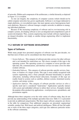 360 SOFTWARE SYSTEMS ENGINEERING
of networks. Within each component of the architecture, a similar hierarchy as depicted
in Figure 11.2 is resident.
As one can imagine, the complexity of computer systems (which should not be
called computer networks) has grown significantly. Software is no longer dedicated to
single platforms, or even platform types, but must operate across heterogeneous hard-
ware platforms. Moreover, software manages complex networks in addition to manag-
ing individual platforms.
Because of the increasing complexity of software and its ever-increasing role in
complex systems, developing software is now an integrated and comprehensive part of
system development. Thus, systems engineering must include software engineering as
an integral discipline, not simply as another design engineering effort to implement
functionality.
11.2 NATURE OF SOFTWARE DEVELOPMENT
Types of Software
While many people have presented categories of software over the past decades, we
find that most of them can be consolidated into three broad types:
• System Software. This category of software provides services for other software
and is not intended for stand-alone use. The classic example of this type is the
operating system. The operating system of a computer or server provides mul-
tiple data, file, communications, and interface services (to name a few) for other
resident software.
• Embedded Software. This category of software provides specific services, func-
tions, or features of a larger system. This type is most readily recognized with
systems engineering since a basic principle allocated functionality to specific
subsystems, including software-based subsystems. Examples of this type are
readily found in systems such as satellites, defense systems, homeland security
systems, and energy systems.
• Application Software. This category of software provides services to solve a
specific need and is considered “stand-alone.” Applications typically interact
with system and embedded software to utilize their services. Examples include
the popular office productivity applications—word processors, spreadsheets, and
presentation support.
Although these three categories cover the wide variety of software today, they do not
provide any understanding of the multiple specialties that exist. Table 11.1 is presented
to provide an additional categorization. The three major software categories are shown
in the table for comparison. Four additional categories are presented: engineering/
scientific, product line, Web based, and artificial intelligence. While all four fall under
one or more of the three major categories, each type also addresses particular niches
in the software community.
c11.indd 360
c11.indd 360 2/8/2011 3:49:21 PM
2/8/2011 3:49:21 PM
 