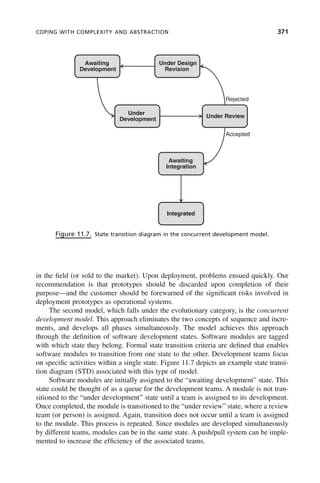 COPING WITH COMPLEXITY AND ABSTRACTION 371
in the field (or sold to the market). Upon deployment, problems ensued quickly. Our
recommendation is that prototypes should be discarded upon completion of their
purpose—and the customer should be forewarned of the significant risks involved in
deployment prototypes as operational systems.
The second model, which falls under the evolutionary category, is the concurrent
development model. This approach eliminates the two concepts of sequence and incre-
ments, and develops all phases simultaneously. The model achieves this approach
through the definition of software development states. Software modules are tagged
with which state they belong. Formal state transition criteria are defined that enables
software modules to transition from one state to the other. Development teams focus
on specific activities within a single state. Figure 11.7 depicts an example state transi-
tion diagram (STD) associated with this type of model.
Software modules are initially assigned to the “awaiting development” state. This
state could be thought of as a queue for the development teams. A module is not tran-
sitioned to the “under development” state until a team is assigned to its development.
Once completed, the module is transitioned to the “under review” state, where a review
team (or person) is assigned. Again, transition does not occur until a team is assigned
to the module. This process is repeated. Since modules are developed simultaneously
by different teams, modules can be in the same state. A push/pull system can be imple-
mented to increase the efficiency of the associated teams.
Figure 11.7. State transition diagram in the concurrent development model.
Awaiting
Development
Under Design
Revision
Under
Development
Under Review
Rejected
Accepted
Awaiting
Integration
Integrated
Integrated
c11.indd 371
c11.indd 371 2/8/2011 3:49:22 PM
2/8/2011 3:49:22 PM
 
