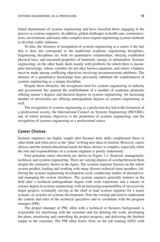 SYSTEMS ENGINEERING AS A PROFESSION 13
lished departments of systems engineering and have classified those engaging in the
process as systems engineers. In addition, global challenges in health care, communica-
tions, environment, and many other complex areas require engineering systems methods
to develop viable solutions.
To date, the slowness of recognition of systems engineering as a career is the fact
that it does not correspond to the traditional academic engineering disciplines.
Engineering disciplines are built on quantitative relationships, obeying established
physical laws, and measured properties of materials, energy, or information. Systems
engineering, on the other hand, deals mainly with problems for which there is incom-
plete knowledge, whose variables do not obey known equations, and where a balance
must be made among conflicting objectives involving incommensurate attributes. The
absence of a quantitative knowledge base previously inhibited the establishment of
systems engineering as a unique discipline.
Despite those obstacles, the recognized need for systems engineering in industry
and government has spurred the establishment of a number of academic programs
offering master’s degrees and doctoral degrees in systems engineering. An increasing
number of universities are offering undergraduate degrees in systems engineering as
well.
The recognition of systems engineering as a profession has led to the formation of
a professional society, the International Council on Systems Engineering (INCOSE),
one of whose primary objectives is the promotion of systems engineering, and the
recognition of systems engineering as a professional career.
Career Choices
Systems engineers are highly sought after because their skills complement those in
other fields and often serve as the “glue” to bring new ideas to fruition. However, career
choices and the related educational needs for those choices is complex, especially when
the role and responsibilities of a systems engineer is poorly understood.
Four potential career directions are shown in Figure 1.1: financial, management,
technical, and systems engineering. There are varying degrees of overlap between them
despite the symmetry shown in the figure. The systems engineer focuses on the whole
system product, leading and working with many diverse technical team members, fol-
lowing the systems engineering development cycle, conducting studies of alternatives,
and managing the system interfaces. The systems engineer generally matures in the
field after a technical undergraduate degree with work experience and a master of
science degree in systems engineering, with an increasing responsibility of successively
larger projects, eventually serving as the chief or lead systems engineer for a major
systems, or systems-of-systems development. Note the overlap and need to understand
the content and roles of the technical specialists and to coordinate with the program
manager (PM).
The project manager or PM, often with a technical or business background, is
responsible for interfacing with the customer and for defining the work, developing
the plans, monitoring and controlling the project progress, and delivering the finished
output to the customer. The PM often learns from on the job training (OJT) with
c01.indd 13
c01.indd 13 2/8/2011 11:04:29 AM
2/8/2011 11:04:29 AM
 