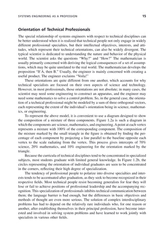 SYSTEMS ENGINEERING AS A PROFESSION 15
Orientation of Technical Professionals
The special relationship of systems engineers with respect to technical disciplines can
be better understood when it is realized that technical people not only engage in widely
different professional specialties, but their intellectual objectives, interests, and atti-
tudes, which represent their technical orientations, can also be widely divergent. The
typical scientist is dedicated to understanding the nature and behavior of the physical
world. The scientist asks the questions “Why?” and “How?” The mathematician is
usually primarily concerned with deriving the logical consequences of a set of assump-
tions, which may be quite unrelated to the real world. The mathematician develops the
proposition “If A, then B.” Usually, the engineer is mainly concerned with creating a
useful product. The engineer exclaims “Voila!”
These orientations are quite different from one another, which accounts for why
technical specialists are focused on their own aspects of science and technology.
However, in most professionals, those orientations are not absolute; in many cases, the
scientist may need some engineering to construct an apparatus, and the engineer may
need some mathematics to solve a control problem. So, in the general case, the orienta-
tion of a technical professional might be modeled by a sum of three orthogonal vectors,
each representing the extent of the individual’s orientation being in science, mathemat-
ics, or engineering.
To represent the above model, it is convenient to use a diagram designed to show
the composition of a mixture of three components. Figure 1.2a is such a diagram in
which the components are science, mathematics, and engineering.Apoint at each vertex
represents a mixture with 100% of the corresponding component. The composition of
the mixture marked by the small triangle in the figure is obtained by finding the per-
centage of each component by projecting a line parallel to the baseline opposite each
vertex to the scale radiating from the vertex. This process gives intercepts of 70%
science, 20% mathematics, and 10% engineering for the orientation marked by the
triangle.
Because the curricula of technical disciplines tend to be concentrated in specialized
subjects, most students graduate with limited general knowledge. In Figure 1.2b, the
circles representing the orientation of individual graduates are seen to be concentrated
in the corners, reflecting their high degree of specialization.
The tendency of professional people to polarize into diverse specialties and inter-
ests tends to be accentuated after graduation, as they seek to become recognized in their
respective fields. Most technical people resist becoming generalists for fear they will
lose or fail to achieve positions of professional leadership and the accompanying rec-
ognition. This specialization of professionals inhibits technical communication between
them; the language barrier is bad enough, but the differences in basic objectives and
methods of thought are even more serious. The solution of complex interdisciplinary
problems has had to depend on the relatively rare individuals who, for one reason or
another, after establishing themselves in their principal profession, have become inter-
ested and involved in solving system problems and have learned to work jointly with
specialists in various other fields.
c01.indd 15
c01.indd 15 2/8/2011 11:04:29 AM
2/8/2011 11:04:29 AM
 