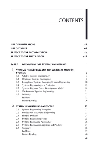 LIST OF ILLUSTRATIONS xiii
LIST OF TABLES xvii
PREFACE TO THE SECOND EDITION xix
PREFACE TO THE FIRST EDITION xxiii
PART I FOUNDATIONS OF SYSTEMS ENGINEERING 1
1 SYSTEMS ENGINEERING AND THE WORLD OF MODERN
SYSTEMS 3
1.1 What Is Systems Engineering? 3
1.2 Origins of Systems Engineering 5
1.3 Examples of Systems Requiring Systems Engineering 10
1.4 Systems Engineering as a Profession 12
1.5 Systems Engineer Career Development Model 18
1.6 The Power of Systems Engineering 21
1.7 Summary 23
Problems 25
Further Reading 26
2 SYSTEMS ENGINEERING LANDSCAPE 27
2.1 Systems Engineering Viewpoint 27
2.2 Perspectives of Systems Engineering 32
2.3 Systems Domains 34
2.4 Systems Engineering Fields 35
2.5 Systems Engineerng Approaches 36
2.6 Systems Engineering Activities and Products 37
2.7 Summary 38
Problems 39
Further Reading 40
CONTENTS
vii
ftoc.indd vii
ftoc.indd vii 2/8/2011 11:05:50 AM
2/8/2011 11:05:50 AM
 