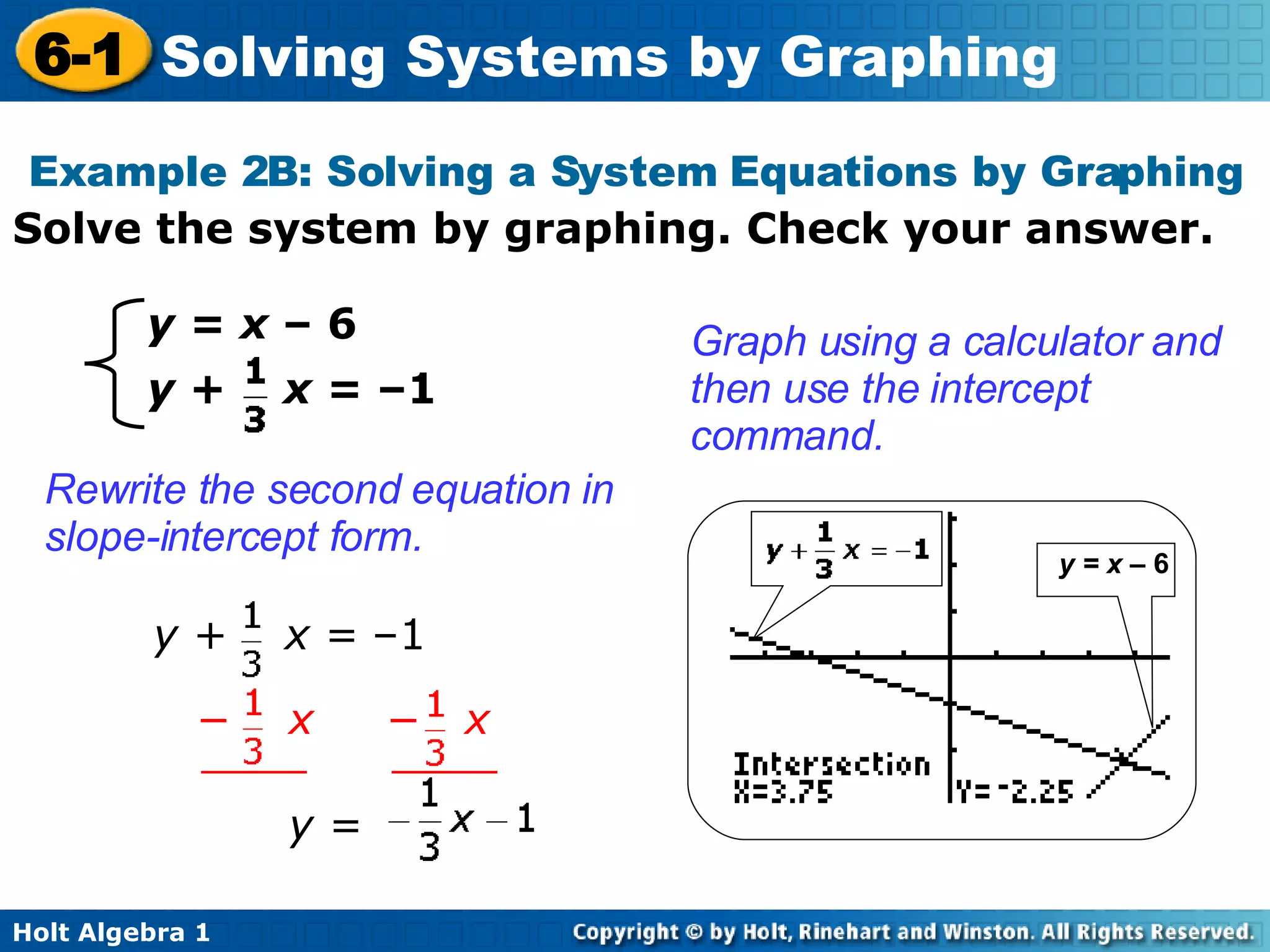 Solve the system by graphing. Check your answer. Example 2B: Solving a System Equations by Graphing y = x  –   6 Rewrite the second equation in slope-intercept form. Graph using a calculator and then use the intercept command. y +  x =  –1 y = x  –   6 y +  x =  –1 −   x   −   x y = 