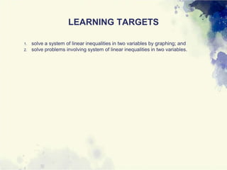 LEARNING TARGETS
1. solve a system of linear inequalities in two variables by graphing; and
2. solve problems involving system of linear inequalities in two variables.
 