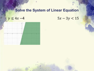 Solve the System of Linear Equation
𝑦 ≤ 4𝑥 −4 5𝑥 − 3𝑦 < 15
 