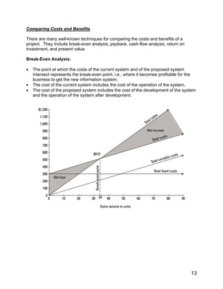 Comparing Costs and Benefits
There are many well-known techniques for comparing the costs and benefits of a
project. They include break-even analysis, payback, cash-flow analysis, return on
investment, and present value.
Break-Even Analysis:
• The point at which the costs of the current system and of the proposed system
intersect represents the break-even point, i.e., where it becomes profitable for the
business to get the new information system.
• The cost of the current system includes the cost of the operation of the system.
• The cost of the proposed system includes the cost of the development of the system
and the operation of the system after development.
13
 