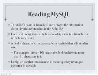 Reading MySQL
This table’s name is ‘branches’ and it stores the information
about libraries or branches in the Koha ILS
Ea...