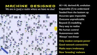 M ac h i n e D ES I G N E D
We are in (just) a realm where we have no clue!
AI + AL derived AL evolution
Impossible (?) to understand
Seeded from the bottom up
Accurate spec impossible
Outcome unpredictable
Beyond (?) modelling
Very easy to realise
No human control
Autonomous code
‘Always’ non-linear
Only modest compute power
Good network connectivity
Maths nears irrelevancy
Now ‘breeding’ malware
 