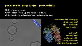 Mother Nature…proviso
Only evolves systems
Only builds bottom up and never top down
Only goes for ‘good enough’ and optimises nothing
She conceals her underlying
complexity at every level
of her constructs
and activity...
Extremely
complex cells
and reasonably
simple constructs
with distributed control
 