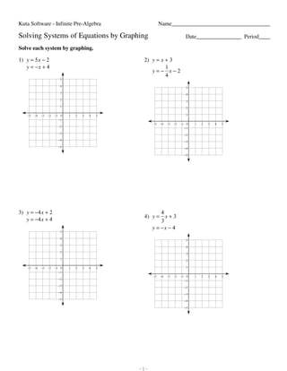 Kuta Software - Infinite Pre-Algebra                                                                                                                 Name___________________________________

                         Solving Systems of Equations by Graphing                                                                                                                              Date________________ Period____

                         Solve each system by graphing.

                         1) y = 5 x − 2                                                                                                                             2) y = x + 3
                            y = −x + 4                                                                                                                                       1
                                                                                                                                                                       y=− x−2
                                                                                                                                                                             4
                                                                                 5

                                                                                 4                                                                                                              5
                                                                                 3                                                                                                              4
                                                                                 2                                                                                                              3
                                                                                 1                                                                                                              2

                                     −5       −4       −3       −2        −1 0               1        2         3        4        5                                                             1
                                                                            −1
                                                                                                                                                                         −5   −4   −3   −2   −1 0   1   2   3   4   5
                                                                               −2                                                                                                              −1
                                                                               −3                                                                                                              −2
                                                                               −4                                                                                                              −3
                                                                               −5                                                                                                              −4

                                                                                                                                                                                               −5




                         3) y = −4 x + 2                                                                                                                                     4
                                                                                                                                                                    4) y =     x+3
                            y = −4 x + 4                                                                                                                                     3
                                                                                                                                                                         y = −x − 4
                                                                                 5

                                                                                 4                                                                                                              5
                                                                                 3                                                                                                              4
                                                                                 2                                                                                                              3
                                                                                 1                                                                                                              2

                                     −5       −4       −3       −2        −1 0               1        2         3        4        5                                                             1
                                                                            −1
                                                                                                                                                                         −5   −4   −3   −2   −1 0   1   2   3   4   5
                                                                               −2                                                                                                              −1
                                                                               −3                                                                                                              −2
                                                                               −4                                                                                                              −3
                                                                               −5                                                                                                              −4

                                                                                                                                                                                               −5




©9 s2d0w1816 5Khuotxa7 pSKouflt2wHa4r8eS nLmLPC8.P A zAglMlB lrJiSg2hktGsh Pr6eDsBeerXvbe5dA.t z BMaardpe9 gwuistRhz MIPn5fTiLnli3theh tP6r6ea-SAclCgseXbDrCaL.K   -1-                                                  Worksheet by Kuta Software LLC
 