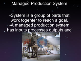 Managed Production System -System is a group of parts that work togehter to reach a goal. -A managed production system has inputs processes outputs and feedbacks. 