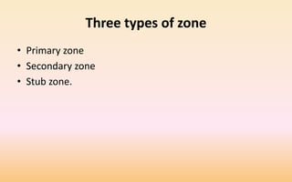 Three types of zone
• Primary zone
• Secondary zone
• Stub zone.
 