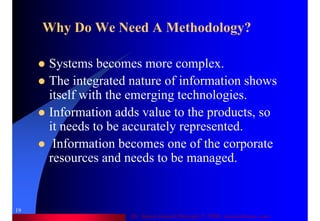 Dr. Samir Iamail Mostafa © 2006. analysthome.com
19
Why Do We Need A Methodology?
Systems becomes more complex.
The integrated nature of information shows
itself with the emerging technologies.
Information adds value to the products, so
it needs to be accurately represented.
Information becomes one of the corporate
resources and needs to be managed.
 