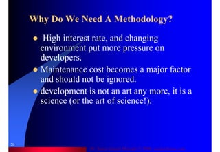 Dr. Samir Iamail Mostafa © 2006. analysthome.com
20
Why Do We Need A Methodology?
High interest rate, and changing
environment put more pressure on
developers.
Maintenance cost becomes a major factor
and should not be ignored.
development is not an art any more, it is a
science (or the art of science!).
 