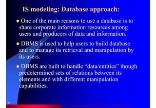 Dr. Samir Iamail Mostafa © 2006. analysthome.com
40
IS modeling: Database approach:
One of the main reasons to use a database is to
share corporate information resources among
users and producers of data and information.
DBMS is used to help users to build database
and to manage its retrieval and manipulation by
its users.
DBMS are built to handle “data/entities” though
predetermined sets of relations between its
elements and with different manipulation
capabilities.
 
