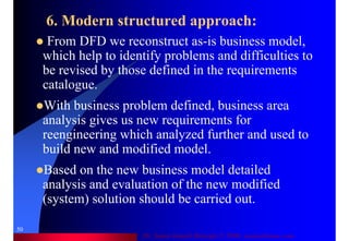 Dr. Samir Iamail Mostafa © 2006. analysthome.com
50
6. Modern structured approach:
From DFD we reconstruct as-is business model,
which help to identify problems and difficulties to
be revised by those defined in the requirements
catalogue.
With business problem defined, business area
analysis gives us new requirements for
reengineering which analyzed further and used to
build new and modified model.
Based on the new business model detailed
analysis and evaluation of the new modified
(system) solution should be carried out.
 