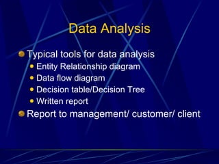 Data Analysis Typical tools for data analysis Entity Relationship diagram Data flow diagram Decision table/Decision Tree Written report Report to management/ customer/ client 