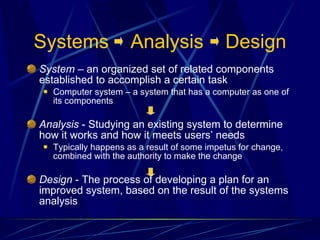 Systems  Analysis  Design System  – an organized set of related components established to accomplish a certain task Computer system – a system that has a computer as one of its components Analysis  - Studying an existing system to determine how it works and how it meets users’ needs Typically happens as a result of some impetus for change, combined with the authority to make the change Design  - The process of developing a plan for an improved system, based on the result of the systems analysis 