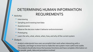 DETERMINING HUMAN INFORMATION
REQUIREMENTS• Activity:
• Interviewing
• Sampling and investing hard data
• Questionnaires
• Observe the decision maker’s behavior and environment
• Prototyping
• Learn the who, what, where, when, how, and why of the current system
• Output:
• Analyst understands how users accomplish their work when interacting with a
computer; and begin to know how to make the new system more useful and usable.
The analyst should also know the business functions and have complete information on
the people, goals, data and procedure involved
 