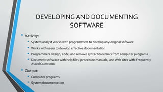 DEVELOPING AND DOCUMENTING
SOFTWARE
• Activity:
• System analyst works with programmers to develop any original software
• Works with users to develop effective documentation
• Programmers design, code, and remove syntactical errors from computer programs
• Document software with help files, procedure manuals, andWeb sites with Frequently
Asked Questions
• Output:
• Computer programs
• System documentation
 