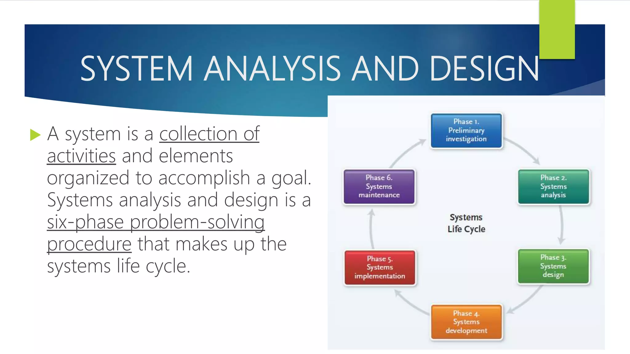 SYSTEM ANALYSIS AND DESIGN
 A system is a collection of
activities and elements
organized to accomplish a goal.
Systems analysis and design is a
six-phase problem-solving
procedure that makes up the
systems life cycle.
 