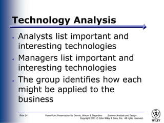 PowerPoint Presentation for Dennis, Wixom & Tegardem Systems Analysis and Design
Copyright 2001 © John Wiley & Sons, Inc. All rights reserved.
Slide 24
Technology Analysis
Analysts list important and
interesting technologies
Managers list important and
interesting technologies
The group identifies how each
might be applied to the
business
 