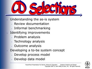 PowerPoint Presentation for Dennis, Wixom & Tegardem Systems Analysis and Design
Copyright 2001 © John Wiley & Sons, Inc. All rights reserved.
Understanding the as-is system
Review documentation
Informal benchmarking
Identifying improvements
Problem analysis
Technology analysis
Outcome analysis
Developing a to-be system concept
Develop process model
Develop data model
 