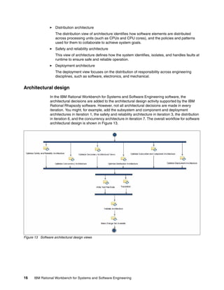 Distribution architecture
The distribution view of architecture identifies how software elements are distributed
across processing units (such as CPUs and CPU cores), and the policies and patterns
used for them to collaborate to achieve system goals.
Safety and reliability architecture
This view of architecture defines how the system identifies, isolates, and handles faults at
runtime to ensure safe and reliable operation.
Deployment architecture
The deployment view focuses on the distribution of responsibility across engineering
disciplines, such as software, electronics, and mechanical.

Architectural design
In the IBM Rational Workbench for Systems and Software Engineering software, the
architectural decisions are added to the architectural design activity supported by the IBM
Rational Rhapsody software. However, not all architectural decisions are made in every
iteration. You might, for example, add the subsystem and component and deployment
architectures in iteration 1, the safety and reliability architecture in iteration 3, the distribution
in iteration 6, and the concurrency architecture in iteration 7. The overall workflow for software
architectural design is shown in Figure 13.

Figure 13 Software architectural design views

16

IBM Rational Workbench for Systems and Software Engineering

 