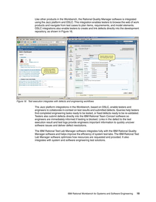 Like other products in the Workbench, the Rational Quality Manager software is integrated
using the Jazz platform and OSLC. This integration enables testers to browse the web of work
products and navigate from test cases to plan items, requirements, and model elements.
OSLC integrations also enable testers to create and link defects directly into the development
repository, as shown in Figure 16.

Figure 16 Test execution integrates with defects and engineering workflows

The Jazz platform integrations in the Workbench, based on OSLC, enable testers and
engineers to collaborate in-context on test results and submitted defects. Queries help testers
find completed engineering tasks ready to be tested, or fixed defects ready to be re-validated.
Testers also submit defects directly into the IBM Rational Team Concert software so
engineers are immediately informed if testing is blocked. Links in the defect to the test
execution result and test logs provide engineers important information to quickly uncover
software issues and deliver defect resolutions.
The IBM Rational Test Lab Manager software integrates fully with the IBM Rational Quality
Manager software and helps improve the efficiency of system test labs. The IBM Rational Test
Lab Manager software optimizes how resources are requested and provided. It also
integrates with system and software engineering test solutions.

IBM Rational Workbench for Systems and Software Engineering

19

 