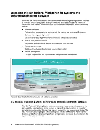 Extending the IBM Rational Workbench for Systems and
Software Engineering software
While the IBM Rational Workbench for Systems and Software Engineering software provides
a complete solution for systems development teams, it can be extended with additional
capabilities from the IBM Rational solutions portfolio shown in Figure 17. These capabilities
include:
Systems of systems
For integration of manufactured products with the Internet and enterprise IT systems
Business planning and alignment
Capabilities for project portfolio management and enterprise architecture
Product life cycle management
Integrations with mechanical, electric, and electronic tools and data
Reporting and metrics
Dashboard mashups and automated document generation
Service management
Linkages to operations and capabilities for enterprise asset management

Systems Lifecycle Management

Future
IBM
Capabilities

Architecture
Management

Requirements
Management

Configuration
& Change
Management

Build &
Deploy
Management

Quality
Management

Asset
Management

3rd-Party
Jazz
Capabilities

Best Practice Processes
Administration: Users,
projects, process

Collaboration
Presentation:
Mashups

Discovery

Query

Storage

Figure 17 Extending the Workbench solution with additional capabilities

IBM Rational Publishing Engine software and IBM Rational Insight software
The IBM Rational Publishing Engine software automates the generation of documents that
can assist the organization in formal reviews or in providing documentation for regulatory
compliance requirements. This can help improve productivity and reduce risk and cost. The
IBM Rational Publishing Engine software integrates with the IBM Rational Workbench for
Systems and Software Engineering software and generates composite documents from the
systems life cycle repositories.

20

IBM Rational Workbench for Systems and Software Engineering

 