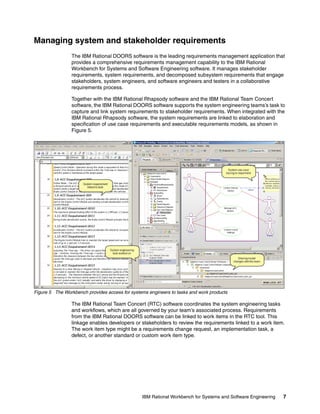 Managing system and stakeholder requirements
The IBM Rational DOORS software is the leading requirements management application that
provides a comprehensive requirements management capability to the IBM Rational
Workbench for Systems and Software Engineering software. It manages stakeholder
requirements, system requirements, and decomposed subsystem requirements that engage
stakeholders, system engineers, and software engineers and testers in a collaborative
requirements process.
Together with the IBM Rational Rhapsody software and the IBM Rational Team Concert
software, the IBM Rational DOORS software supports the system engineering teams’s task to
capture and link system requirements to stakeholder requirements. When integrated with the
IBM Rational Rhapsody software, the system requirements are linked to elaboration and
specification of use case requirements and executable requirements models, as shown in
Figure 5.

Figure 5 The Workbench provides access for systems engineers to tasks and work products

The IBM Rational Team Concert (RTC) software coordinates the system engineering tasks
and workflows, which are all governed by your team’s associated process. Requirements
from the IBM Rational DOORS software can be linked to work items in the RTC tool. This
linkage enables developers or stakeholders to review the requirements linked to a work item.
The work item type might be a requirements change request, an implementation task, a
defect, or another standard or custom work item type.

IBM Rational Workbench for Systems and Software Engineering

7

 