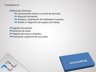 Consultoría en:

       Recursos Humanos:
            Comunicación interna y control de personal.
            Atracción de talento.
            Enfoque y explotación de habilidades humanas.
            Diseño e integración de equipos de trabajo.

       Logística de eventos.
       Derechos de Autor.
        Registro de marca y patentes.
       Franquicias y apertura de sucursales.
 