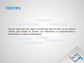 Valores

                   Innovación
      Responsabilidad      Honestidad
 Nuestra inspiración para lograr la satisfacción total de cada uno de nuestros
 clientes está basada en acciones que determinan el comportamiento y
 desempeño de nuestros colaboradores.

      Puntualidad CalidadCompromiso
              Excelencia
 