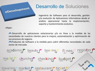 Desarrollo de Soluciones
                               Ingeniería de Software para el desarrollo, gestión
                               y/o evolución de Aplicaciones Informáticas desde el
                               análisis operacional hasta la implementación,
                               soporte y mantenimiento evolutivo.
eApps:

      Desarrollo de aplicaciones estacionarias y/o en línea a la medida de las
  necesidades de nuestros clientes para la mejora, automatización y optimización de
  sus procesos de negocio.
     Productos de Software a la medida para cubrir diferentes necesidades de cada
  sector de mercado:
 