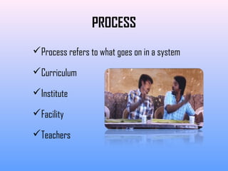 PROCESS
Process refers to what goes on in a system
Curriculum
Institute
Facility
Teachers
 