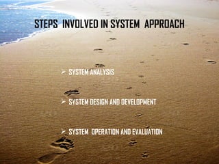 STEPS INVOLVED IN SYSTEM APPROACH
 SYSTEM ANALYSIS
 SYSTEM DESIGN AND DEVELOPMENT
 SYSTEM OPERATION AND EVALUATION
 