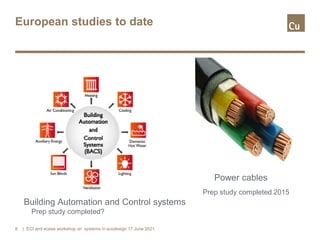 European studies to date
| ECI and eceee workshop on systems in ecodesign 17 June 2021
8
Power cables
Building Automation ...